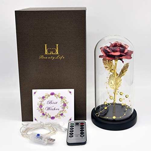 Kit de Rosas La Bella y la Bestia, Hoja de Oro Rojo Rosa y luz LED con Cuentas de Oro en cúpula de Vidrio en Base de Madera para decoración del hogar Boda de cumpleaños Día de la Madre