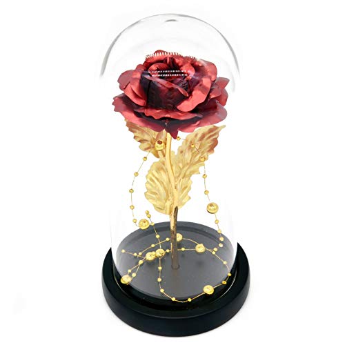 Kit de Rosas La Bella y la Bestia, Hoja de Oro Rojo Rosa y luz LED con Cuentas de Oro en cúpula de Vidrio en Base de Madera para decoración del hogar Boda de cumpleaños Día de la Madre