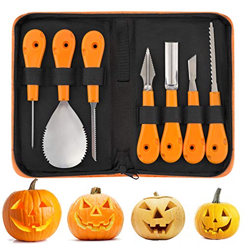 Kit de Talla de Calabaza, JuguHoovi Halloween 7 piezas Juego de Talla de Calabaza Profesional, Acero Inoxidable Robusto, Herramientas de Calabaza de Halloween Fáciles de Tallar para Adultos y Niños