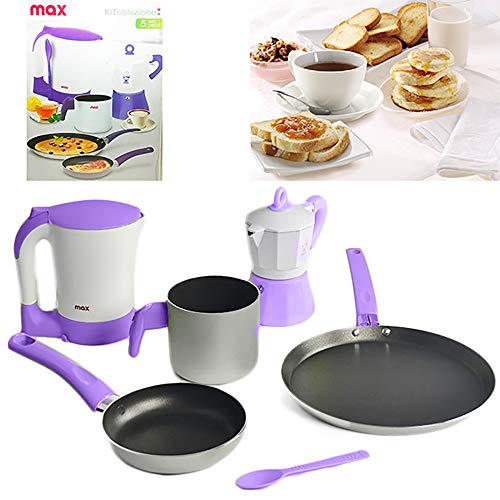 Kit desayuno Set 5 piezas con tetera 600 ml – Cafetera de 3 tazas – Cazo para leche – Sartén para crepes y Padellino, edición limitada, Max Italia Casa Collection, Idea regalo