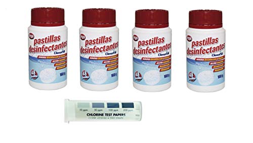 Kit Especial Hostelería; Desinfección y Lavado: 4 Botes Cloro Desinfectante x 160 gr. + Test Medición Cloro altos rangos 200 tiras