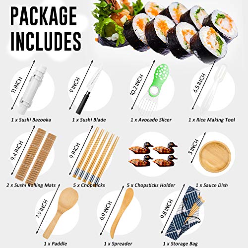 Kit para hacer sushi (incluye 2 tapetes para sushi, 5 pares de palillos, 1 espátula, 1 esparcidor, 1 salsa, 1 herramienta para hacer arroz, 1 bolsa de almacenamiento, kit de rollo de sushi de bambú