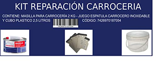 KIT REPARACION CARROCERIA (MASILLA PARA CARROCERÍA 2 KG + JUEGO ESPATULA CARROCERO INOXIDABLE + CUBO PLASTICO 2,5 LITROS) MAC+INOX