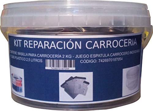 KIT REPARACION CARROCERIA (MASILLA PARA CARROCERÍA 2 KG + JUEGO ESPATULA CARROCERO INOXIDABLE + CUBO PLASTICO 2,5 LITROS) MAC+INOX