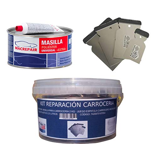 KIT REPARACION CARROCERIA (MASILLA PARA CARROCERÍA 2 KG + JUEGO ESPATULA CARROCERO INOXIDABLE + CUBO PLASTICO 2,5 LITROS) MAC+INOX