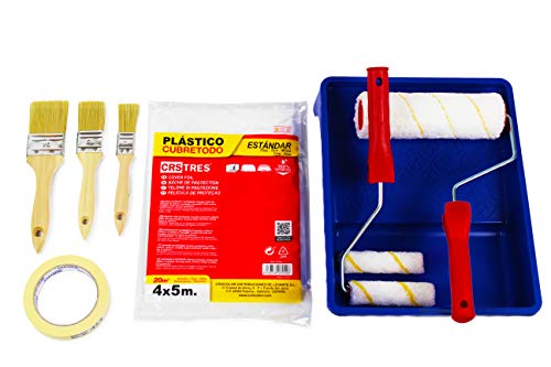 KIT Rodillos de Pintura Antigoteo + KIT de Pinceles Planos + Cubretodo 20 m²+ Cubeta grande + Cinta de pintor