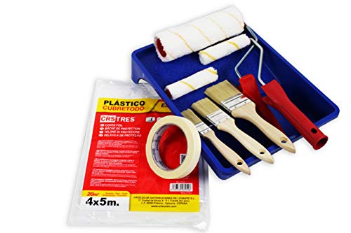 KIT Rodillos de Pintura Antigoteo + KIT de Pinceles Planos + Cubretodo 20 m²+ Cubeta grande + Cinta de pintor