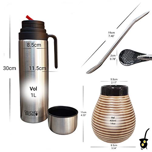 Kit Yerba Mate - Taza, Bombilla y Termo - Vaso de Cerámica, Pajita Acero Inoxidable con Filtro y Termo Anti Salpicaderos de 1 L de Capacidad - Conjunto Reutilizable para Mate Argentino - Marrón