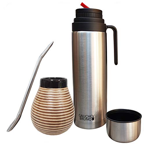 Kit Yerba Mate - Taza, Bombilla y Termo - Vaso de Cerámica, Pajita Acero Inoxidable con Filtro y Termo Anti Salpicaderos de 1 L de Capacidad - Conjunto Reutilizable para Mate Argentino - Marrón