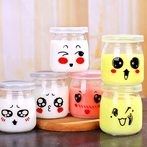 Kitchen-dream tarros de yogurt con tapa 6pcs 200ml tapa botes para yogurtera con tapa plastico cristal con escenario emoticono vasos para yogurtera para pudín postres melmeladas y natillas