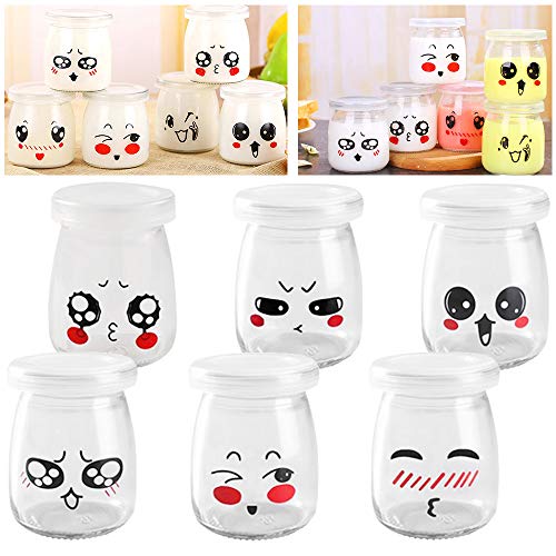 Kitchen-dream tarros de yogurt con tapa 6pcs 200ml tapa botes para yogurtera con tapa plastico cristal con escenario emoticono vasos para yogurtera para pudín postres melmeladas y natillas