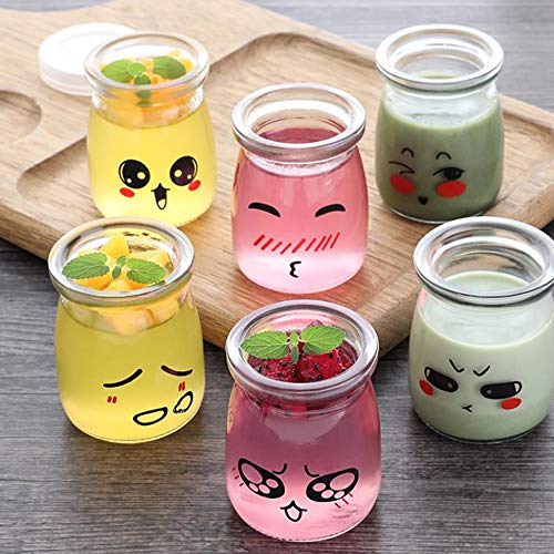 Kitchen-dream tarros de yogurt con tapa 6pcs 200ml tapa botes para yogurtera con tapa plastico cristal con escenario emoticono vasos para yogurtera para pudín postres melmeladas y natillas