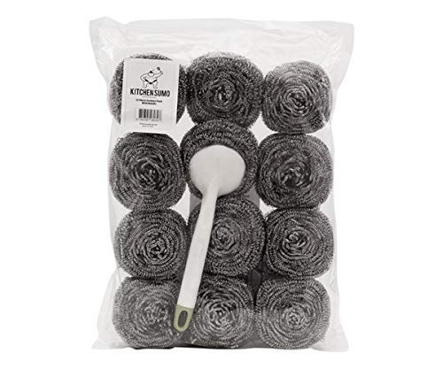 Kitchen Sumo - Juego de 12 Estropajos de Acero Inoxidable Con Mango de 40 G - Pack de 12 - Esponjas Grandes de Acero Inoxidable - Almohadillas de Metal Para Estropajo