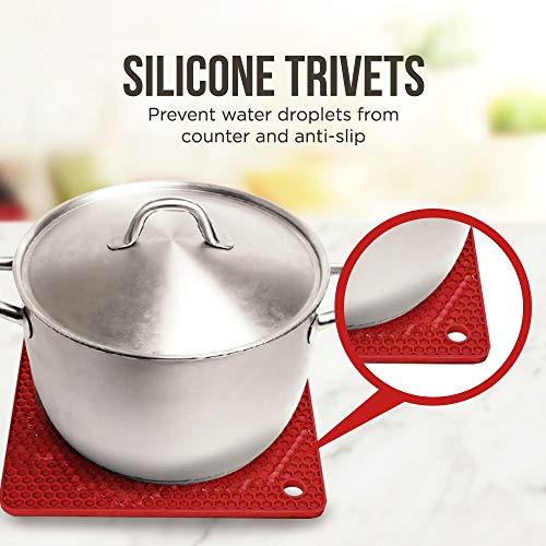 KITCHENATICS Salvamanteles Silicona: 4 pc. Tapetes de Silicona para Hornear Multiuso – Salvamanteles Resistentes al Calor– Abrefrascos, Soporte Cuchara, Guantes Cocina, Posavasos, Agarraderas – Rojo