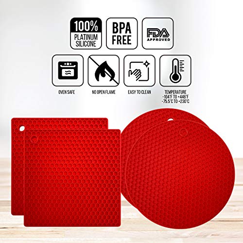 KITCHENATICS Salvamanteles Silicona: 4 pc. Tapetes de Silicona para Hornear Multiuso – Salvamanteles Resistentes al Calor– Abrefrascos, Soporte Cuchara, Guantes Cocina, Posavasos, Agarraderas – Rojo