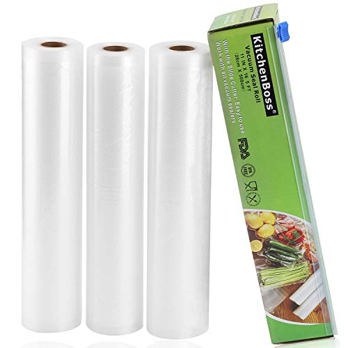 KitchenBoss Bolsas de Vacío 3 Rolls 28x500cm con Caja de Corte (No Más Tijeras) para Almacenaje de Alimentos,Sous Vide Cocina, BPA Free