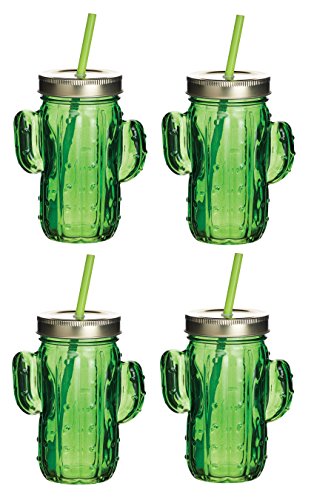 Kitchencraft Barcraft – Tropical Chic diseño de cristal tarros para beber con pajitas, 400 Ml-cactus diseño (Set de 4), verde, 6,5 x 10,5 x 20 cm