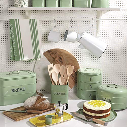 Kitchencraft Living Nostalgia Kitchen recipiente para utensilios de cocina de metal, 15 x 15 x 16 cm (6 "x 6" x 6,5 ") – English Sage, acero, verde, 14,5 x 14,5 x 16 cm)