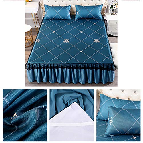 Kits de Ropa de Cama, con el sobre la Funda de Almohada de Seda del Hielo Cama Faldas ábanas Antideslizante Diseño Banda para Individual Cama Doble 3 Set Pieza,Blue-180 * 220cm