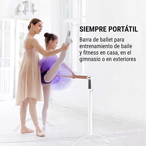 Klarfit Bar Lerina - Barra de Ballet móvil, Largo 110 cm, Altura Regulable 70-113 cm, Agarraderas de Bloqueo, Tubo de Acero con Recubrimiento en Polvo, Pies de Apoyo, Antideslizante, Blanco