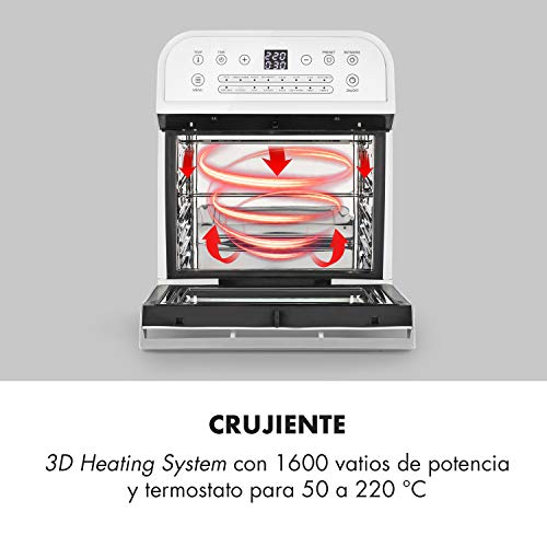 Klarstein AeroVital Cube Freidora de aire caliente - Sistema 3D Heating: 1600 W de potencia, 12 litros, 16 programas, Tecnología Highspeed-convection, Programable, 50 a 230 °C, 5 piezas, Blanco