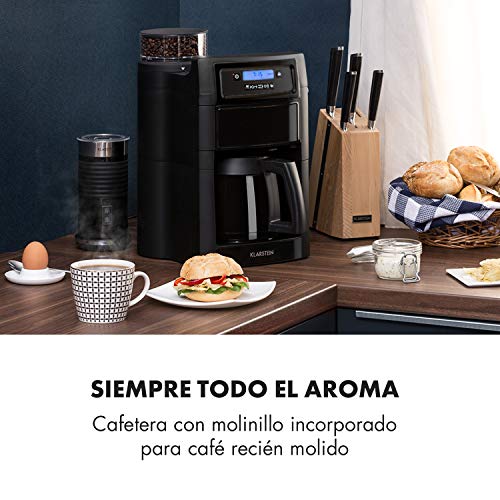 Klarstein Aromatica II Thermo - Máquina de café con molinillo cónico, 5 niveles, Jarra térmica 1,25 L, Temporizador 24h, Filtro de carbón activo, Potencia 1000 W, Antigoteo, Display LED, Negro