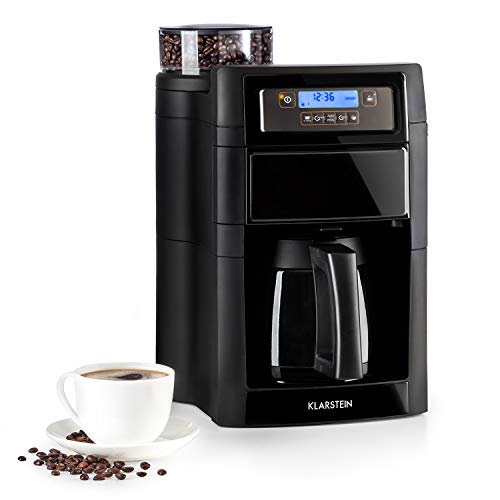 Klarstein Aromatica II Thermo - Máquina de café con molinillo cónico, 5 niveles, Jarra térmica 1,25 L, Temporizador 24h, Filtro de carbón activo, Potencia 1000 W, Antigoteo, Display LED, Negro