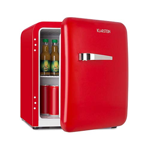 Klarstein Audrey Mini nevera retro - Mininevera, Nevera para bebidas, Eficiencia energética de tipo A+, 48 litros de capacidad, 2 plantas, Temperaturas de 0-10 °C, Zona de botellas, Rojo