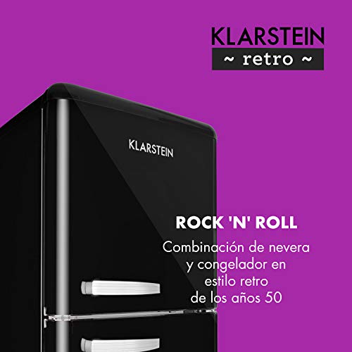 Klarstein Audrey Retro - Nevera combi, Frigorífico 194L, Congelador 56L, Zona de baja temperatura 0ºC, Soporte botellas, Sistema Defrost, Ecológica, Diseño Rock'n Roll, Eficiencia A++, Negro