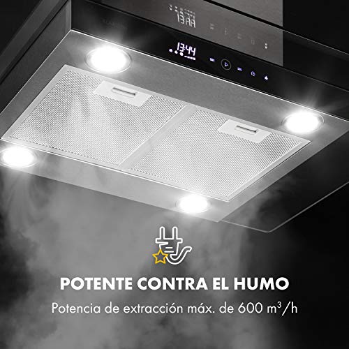 Klarstein Aurelia Campana extractora - Campana isla, Eficiencia energética clase A, 90 cm, capacidad 600 m³/h, 3 niveles, iluminación LED, temporizador, Acero inoxidable y cristal, Plata