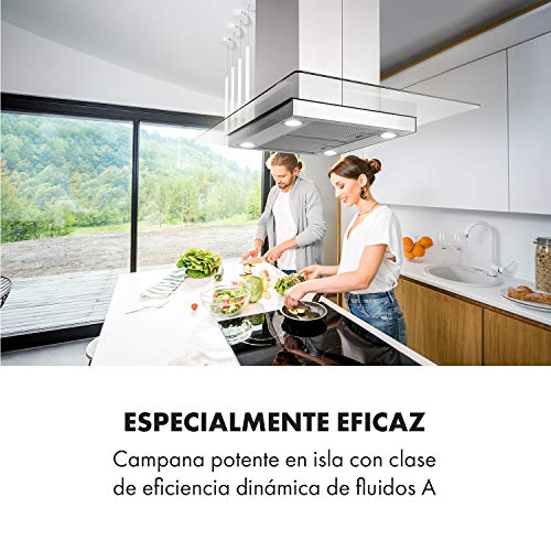 Klarstein Aurelia Campana extractora - Campana isla, Eficiencia energética clase A, 90 cm, capacidad 600 m³/h, 3 niveles, iluminación LED, temporizador, Acero inoxidable y cristal, Plata