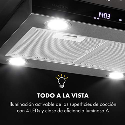 Klarstein Aurelia Campana extractora - Campana isla, Eficiencia energética clase A, 90 cm, capacidad 600 m³/h, 3 niveles, iluminación LED, temporizador, Acero inoxidable y cristal, Plata