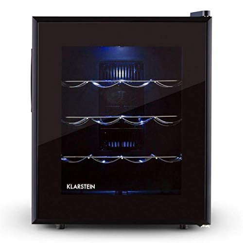 Klarstein Barolo - Nevera para vino, Refrigerador de bebidas, Volumen 48L, Capacidad 16 botellas, Doble aislamiento, Bandejas extraíbles, Iluminación LED, Diseño estrecho, Negro