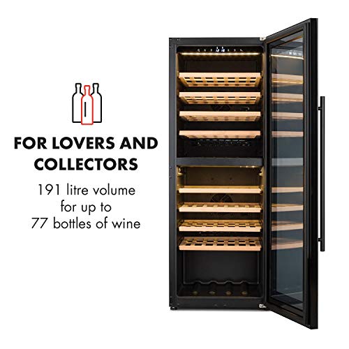 Klarstein Barossa 77 Duo Nevera para vinos - Nevera de bebidas, Control táctil, 2 zonas: 5-20°C, 191 L, 77 botellas, Estante para copas de vino, Balda, Accesorio para nevera para vinos, Negro