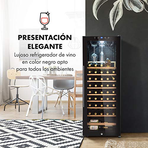 KLARSTEIN Barossa - Refrigerador para vinos, 2 Zonas, Temperatura Regulable 5-18 °C, Estantes de Madera rebatibles, Pantalla LCD, Iluminación Interior LED, Puerta de Vidrio, 54 Botellas, Negro