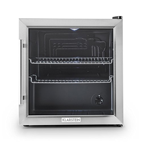 Klarstein Beersafe - Nevera con puerta acristalada, Mininevera, Minibar, Iluminación LED, Acero inoxidable, 5 niveles de frío, 42 dB, 2 rejillas metálicas extraíbles, A+, 50 litros, Negro