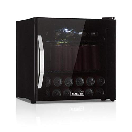 Klarstein Beersafe Onyx - Nevera de bebidas con puerta acristalada, Mininevera, Minibar, Iluminación LED, Baldas metálicas, Acero inoxidable, 42 dB, 47 litros, Negro