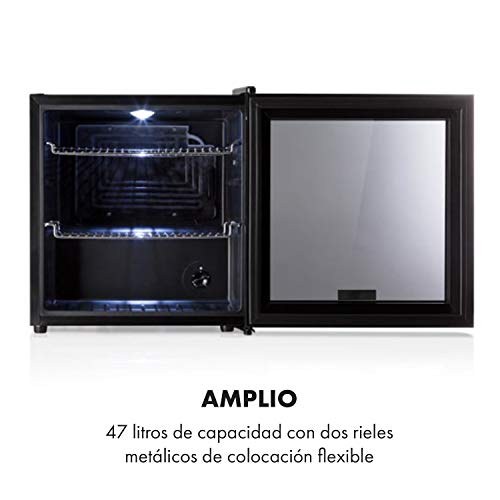 Klarstein Beersafe Onyx - Nevera de bebidas con puerta acristalada, Mininevera, Minibar, Iluminación LED, Baldas metálicas, Acero inoxidable, 42 dB, 47 litros, Negro