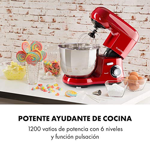 Klarstein Bella Robusta Metal - robot de cocina, carcasa de fundida a presión, cuenco de acero de 5,5 litros, función pulse, 1200 W en 6 niveles, gancho de amasar y remover, varillas, no salpica, rojo