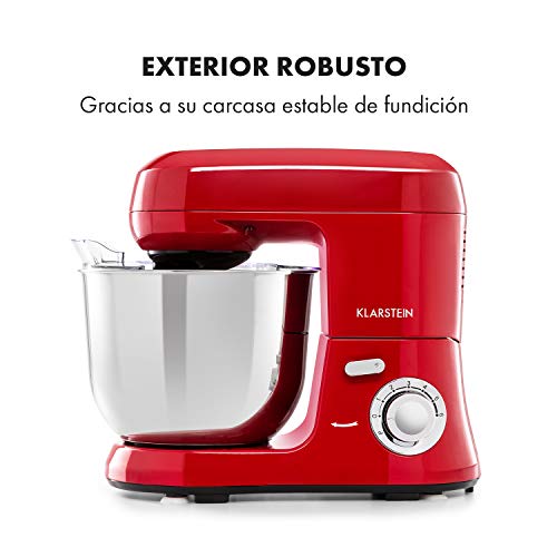 Klarstein Bella Robusta Metal - robot de cocina, carcasa de fundida a presión, cuenco de acero de 5,5 litros, función pulse, 1200 W en 6 niveles, gancho de amasar y remover, varillas, no salpica, rojo