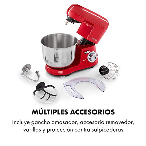 Klarstein Bella Robusta Metal - robot de cocina, carcasa de fundida a presión, cuenco de acero de 5,5 litros, función pulse, 1200 W en 6 niveles, gancho de amasar y remover, varillas, no salpica, rojo