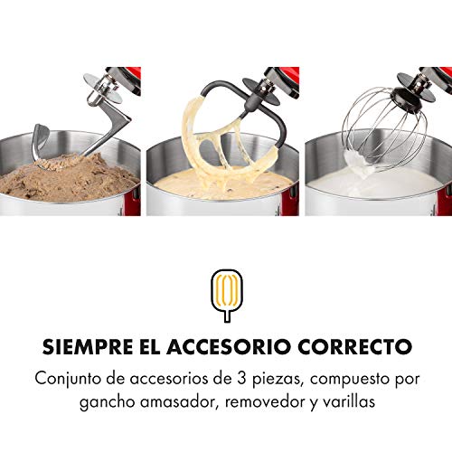 Klarstein Bella Robusta Metal - robot de cocina, carcasa de fundida a presión, cuenco de acero de 5,5 litros, función pulse, 1200 W en 6 niveles, gancho de amasar y remover, varillas, no salpica, rojo