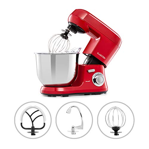 Klarstein Bella Robusta Metal - robot de cocina, carcasa de fundida a presión, cuenco de acero de 5,5 litros, función pulse, 1200 W en 6 niveles, gancho de amasar y remover, varillas, no salpica, rojo