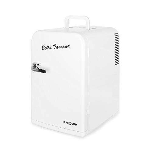 Klarstein Bella Taverna - Mini nevera, 15L, Peso ligero, asa extensible y base, Múltiples usos, 1 estante extraíble, 2 compartimentos en la puerta, Ruido mínimo, Ventilador integrado, Blanco