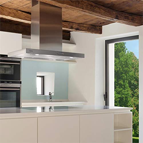 Klarstein Bonita - Campana de extracción, Extractor de cocina, Potencia 500 m³/h, Diseño isla, Acero inoxidable, 4 lámparas halógenas, 90 cm, Posibilidad recirculación, Plata