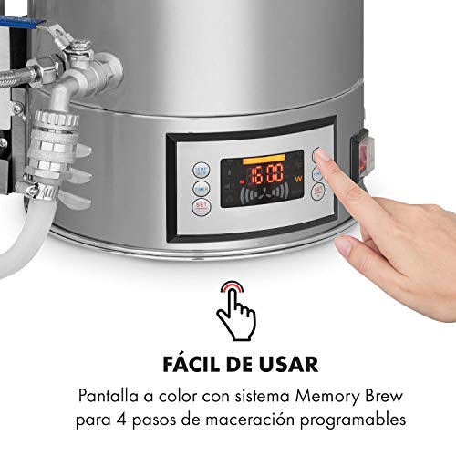 KLARSTEIN Brauheld 15 Caldera de maceración - Juego de fermentación, Cerveza casera, 15 L, 30-140 °C, 500-1600 W, Bomba de circulación, 4 Pasos programables, Pantalla, Acero, Plateado