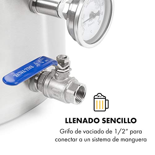 Klarstein Brauheld Pur 25 caldero de mosto de acero 304-25 litros, termómetro integrado, paredes de 0,7 mm de grosor, 3 mm de grosor de la base para placas de inducción, grifo de 1/2", plateado