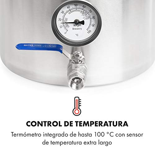 Klarstein Brauheld Pur 25 caldero de mosto de acero 304-25 litros, termómetro integrado, paredes de 0,7 mm de grosor, 3 mm de grosor de la base para placas de inducción, grifo de 1/2", plateado