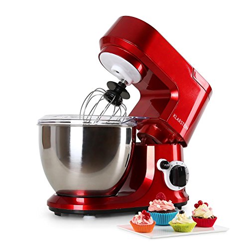 Klarstein Carina Rossa - Robot de cocina multifunción, Batidora, Amasadora, 800 W, 4 L, Batido planetario, 6 niveles de velocidad, Recipiente de acero inoxidable, Bloqueo de seguridad, Rojo