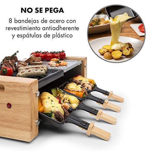 Klarstein Chateaubriand Nuovo Raclette con Piedra Natural - Barbacoa Raclette, Parrilla, 1200 W, Aluminio/Piedra, 8 Personas, Regulable, Acero Inoxidable, con Accesorios, Negro-Marrón